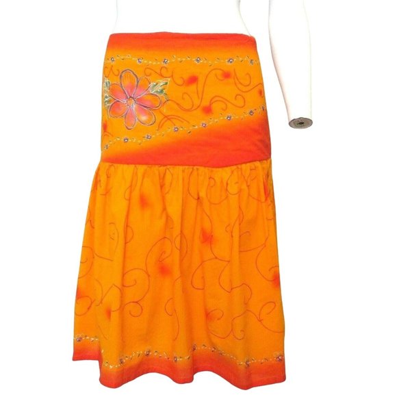 Madrid Hand Painted Drop Waist Skirt M Orange Gathered Knee Length Festival Mod - Picture 3 of 12